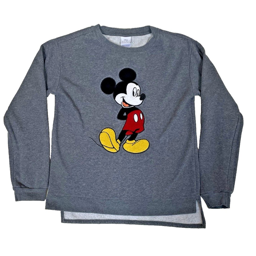 Disney Mickey Mouse Embroidered Crewneck Sweatshirt Women Size S Gray Pullover